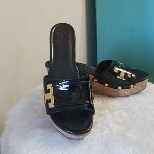 Tory Burch Pamela Black Cork Wedge Sz 9 1/2